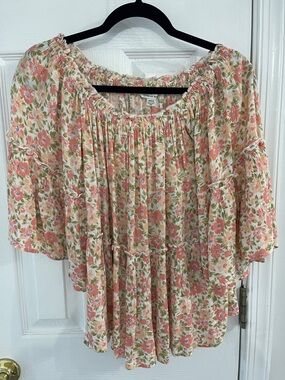 Floral Off-Shoulder Peasant Blouse - Coral/Green